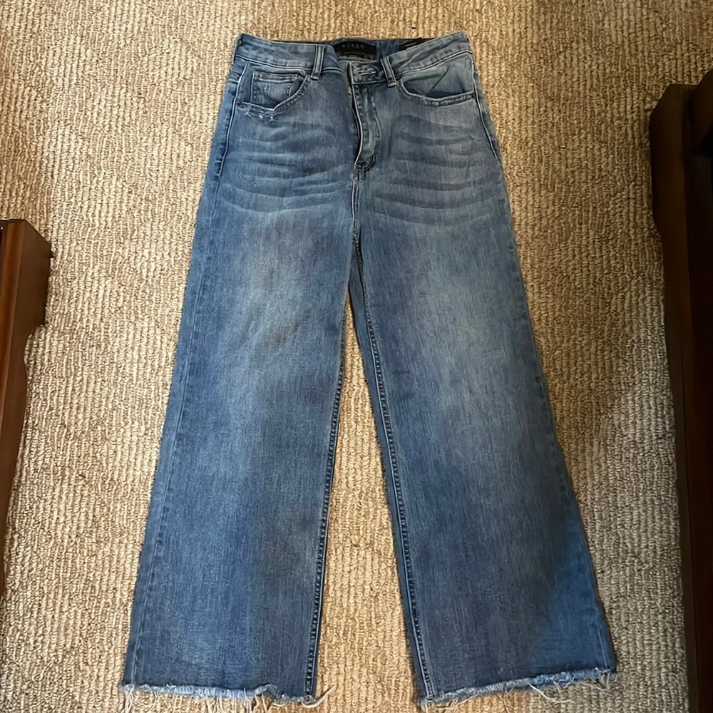 High Waisted Frayed Ankle Wide Leg Jeans